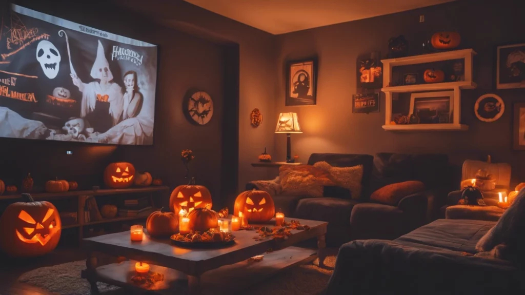 Halloween Filme gemeinsam ansehen in einem Wohnzimmer