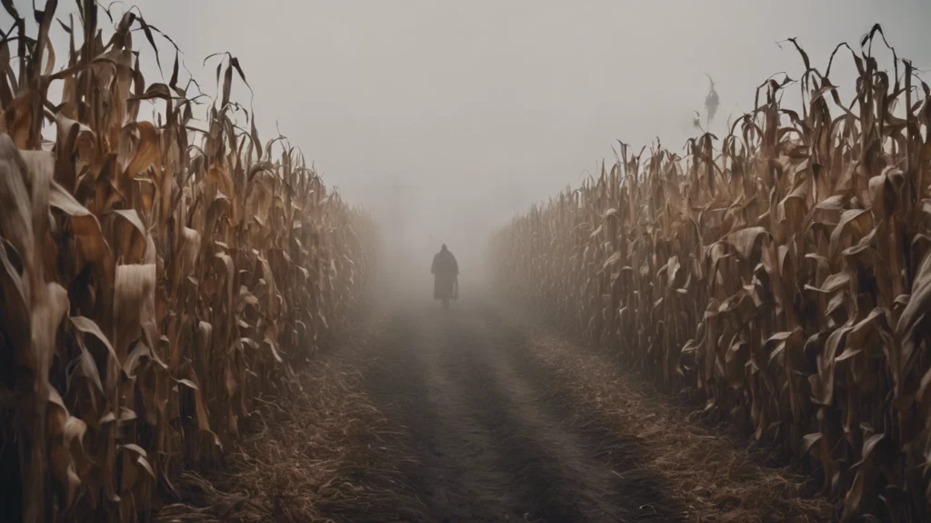 Ein Erschrecker wandert durch ein einsames Horror Maislabyrinth in Schleswig-Holstein