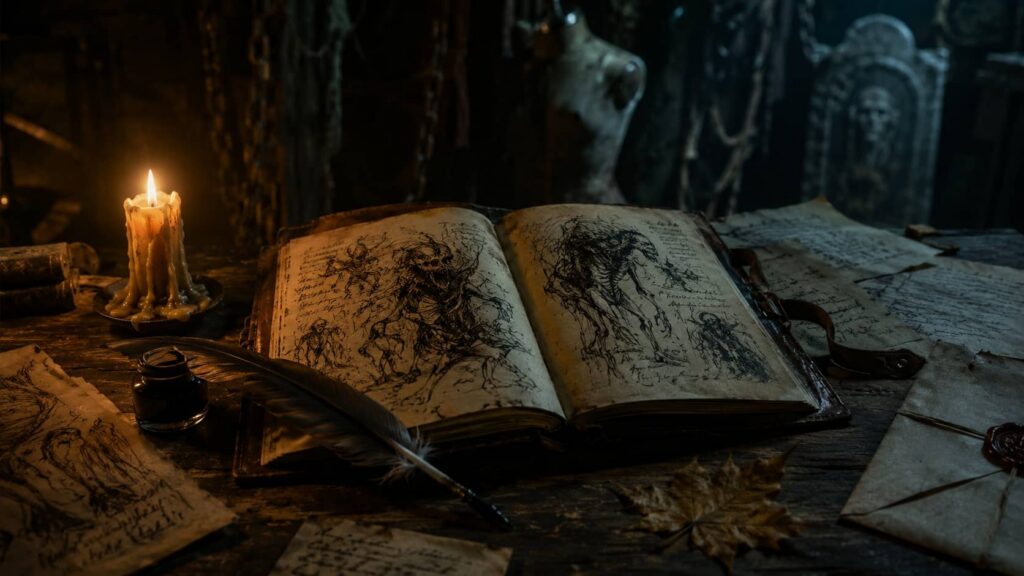 Schreibtisch mit aufgeschlagenem Notizbuch und Skizzen von Horror-Figuren, im Hintergrund Andeutungen eines Spukhauses, beleuchtet von einer einzelnen Kerze. Ein Halloween Motto wird geschrieben.