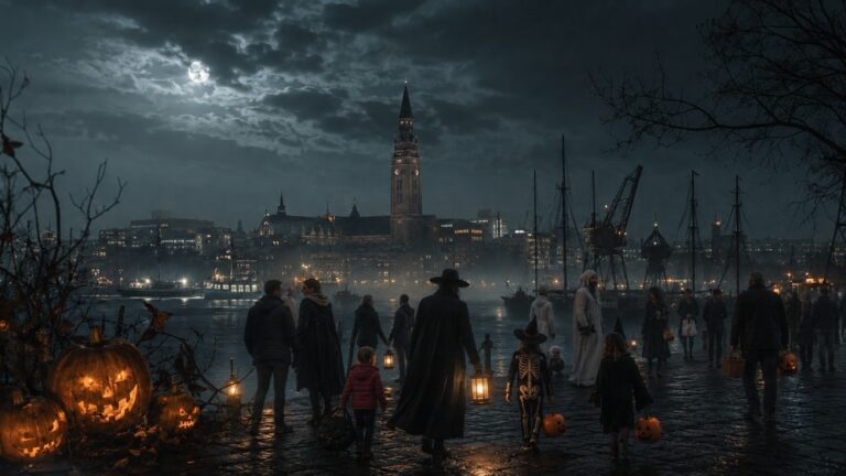 Illustration von Menschen an der Promenade in Kiel zu Halloween