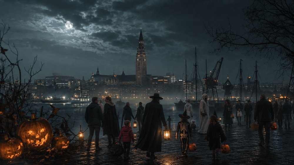 Illustration von Menschen an der Promenade in Kiel zu Halloween